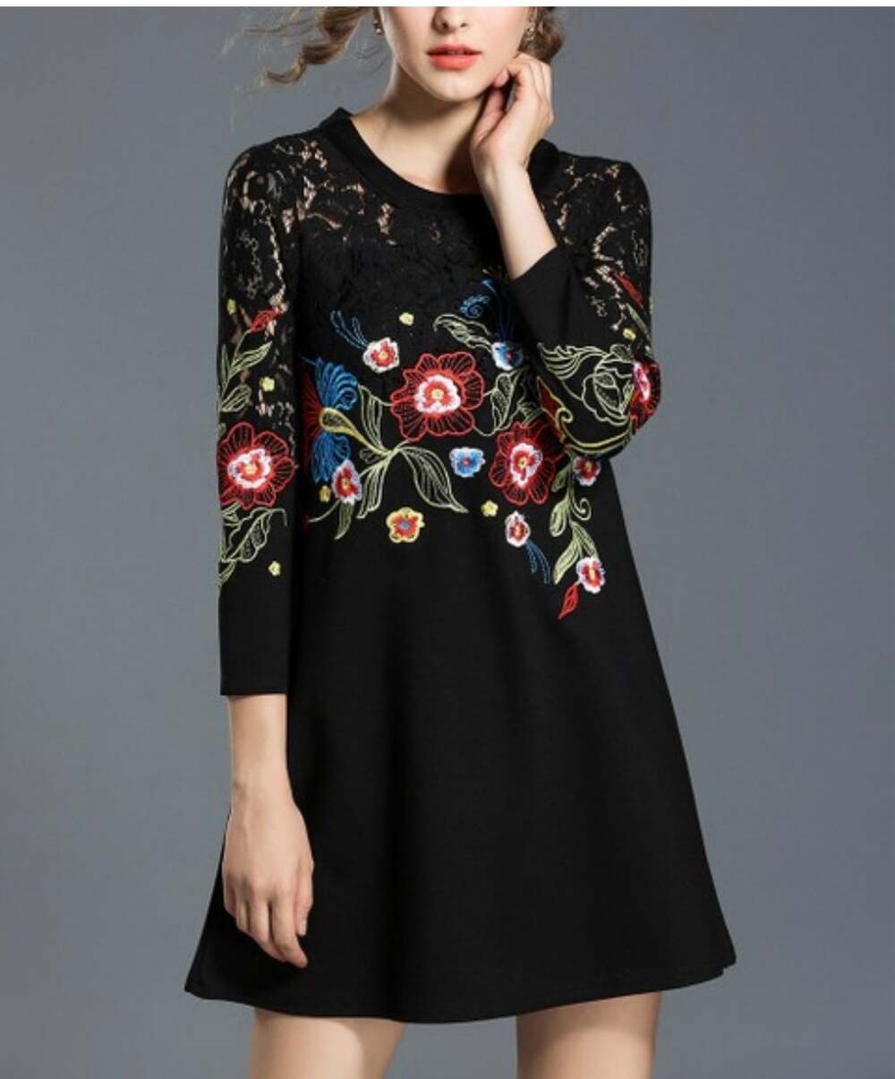 Vicky and Lucas Floral Embroidery Black Lace Mini Dress SP
